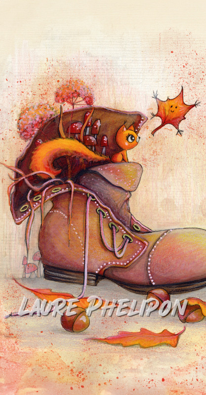 Aquarelle Feuille Ecureuil Automne inktober par Laure Phelipon