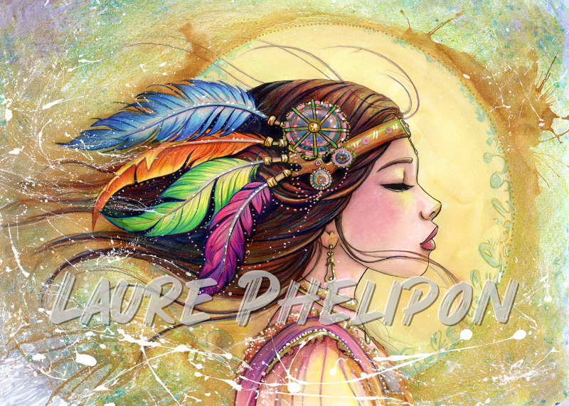 Indienne Steampunk Aquarelle Femme Plume Zen Amérindienne Vent par Laure Phelipon