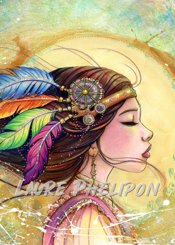 Indienne Steampunk Aquarelle Femme Plume Zen Amérindienne Vent par Laure Phelipon