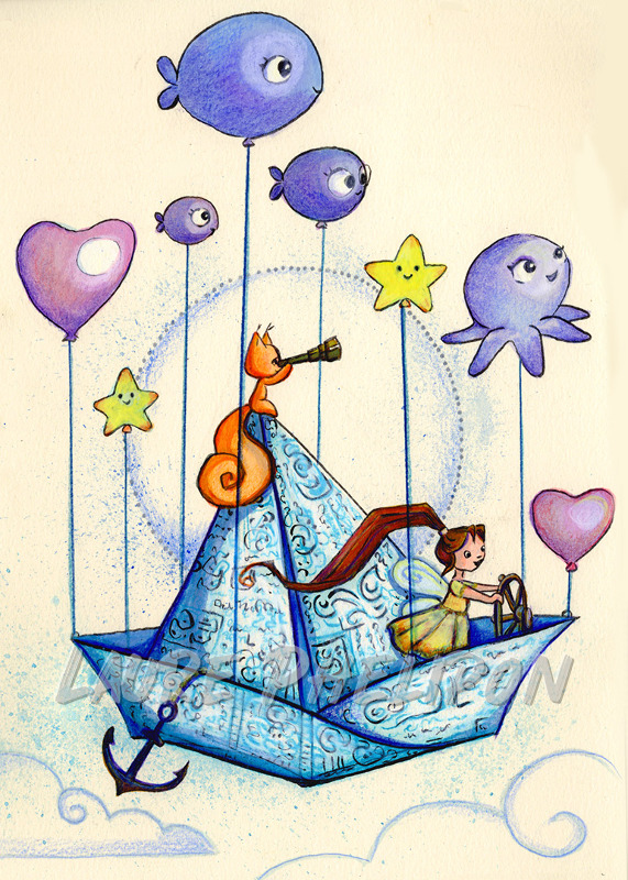 Poisson Fille Aquarelle Origami Ecureuil Nuage Bateau Fantaisie Ballon Enfant par Laure Phelipon