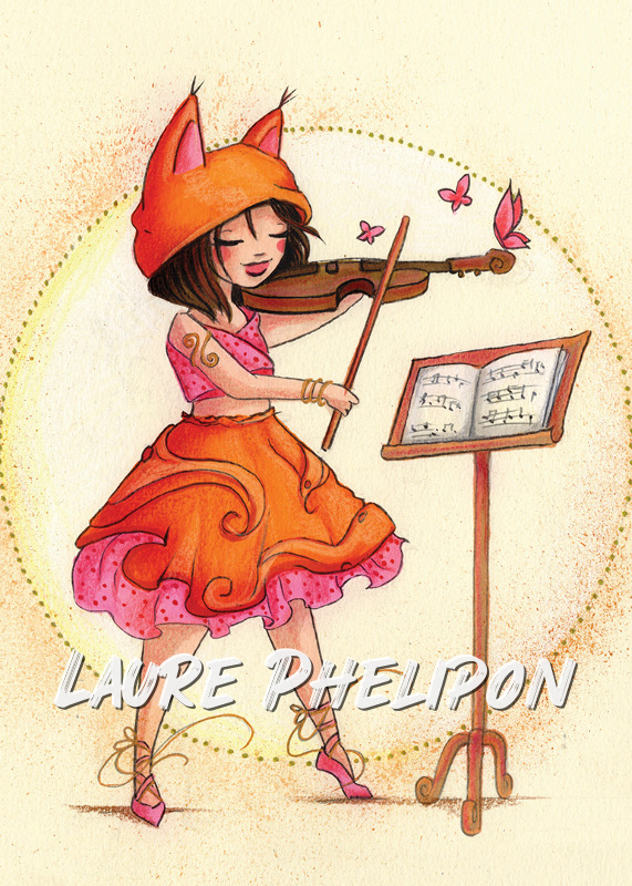 Fille Aquarelle Musique Ecureuil Violon inktober Violoniste Jeune fille Chapeau de renard par Laure Phelipon