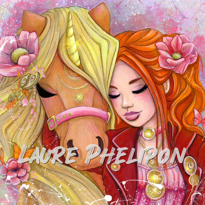 Fleur Licorne Cheval Aquarelle Femme Rousse Fantaisie par Laure Phelipon