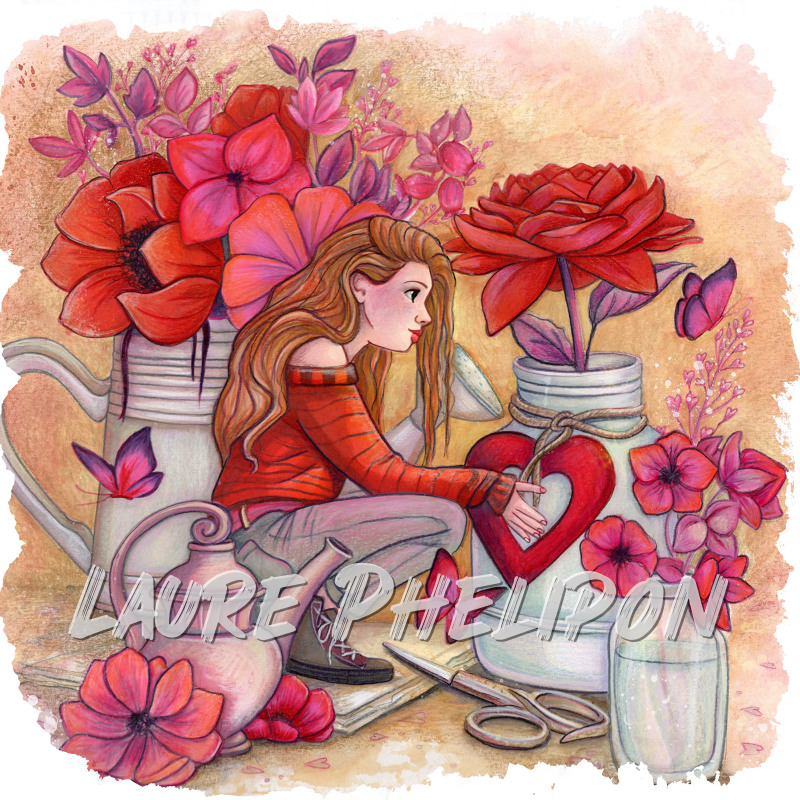 Fleur Coeur Aquarelle Arrosoir Jardin Vase Arrosage par Laure Phelipon