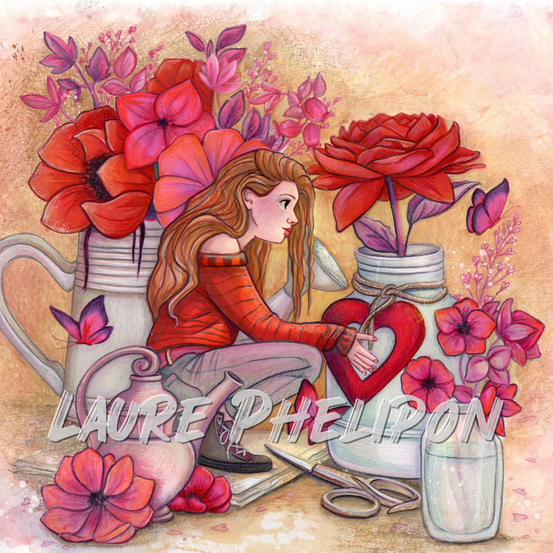 Fleur Coeur Aquarelle Arrosoir Jardin Vase Arrosage par Laure Phelipon