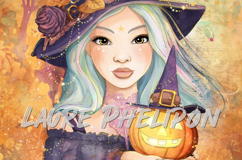 Leaf Mushroom Digital Witch Halloween Mystique Girl Fantasy par Laure Phelipon