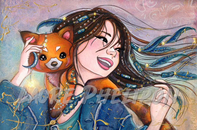 Panda Aquarelle Femme Plume Collier Mystique Jeune femme Renard orange Sourire par Laure Phelipon