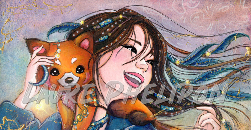 Panda Aquarelle Femme Plume Collier Mystique Jeune femme Renard orange Sourire par Laure Phelipon