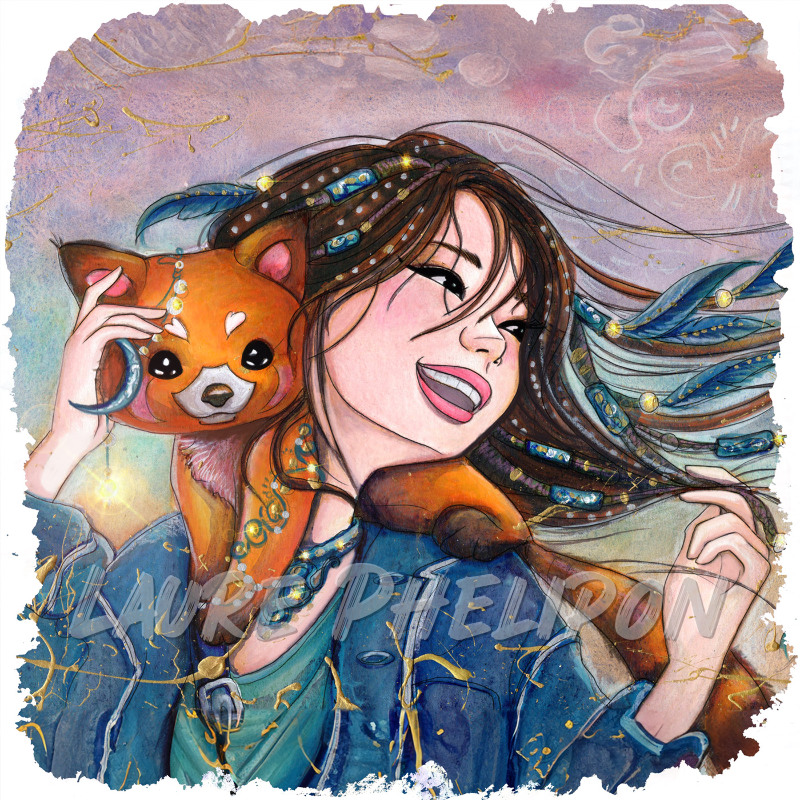 Panda Aquarelle Femme Plume Collier Mystique Jeune femme Renard orange Sourire par Laure Phelipon