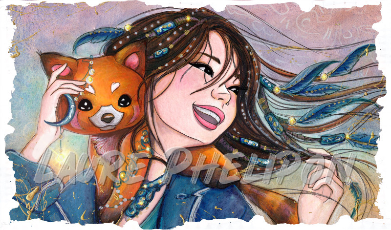 Panda Aquarelle Femme Plume Collier Mystique Jeune femme Renard orange Sourire par Laure Phelipon