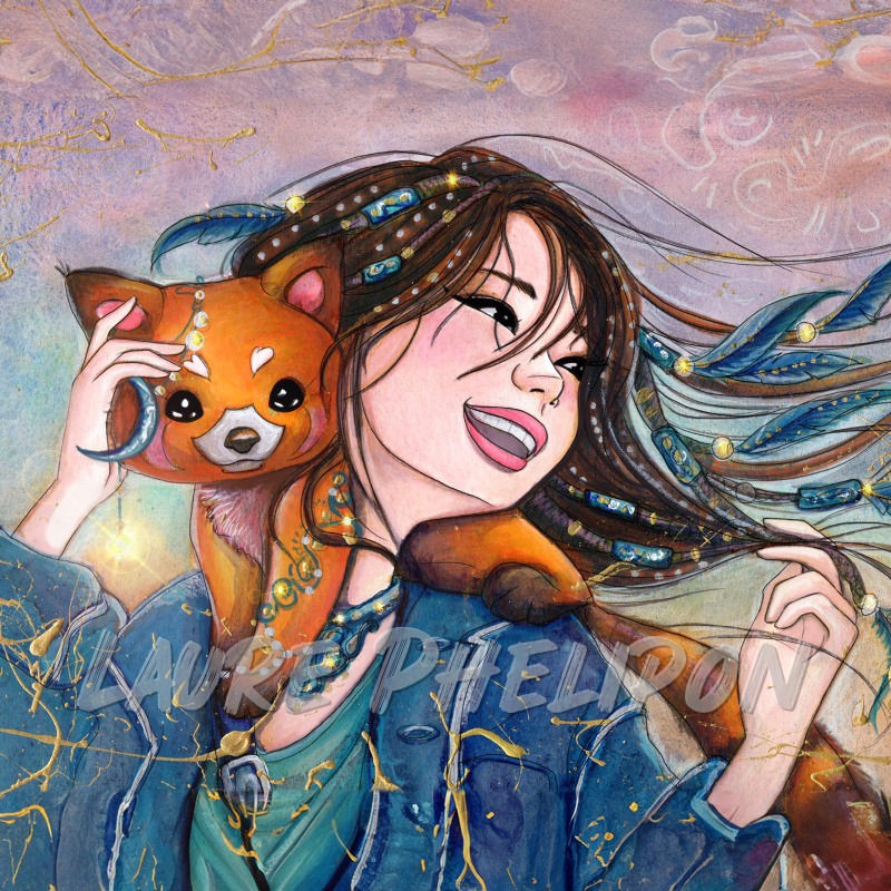 Panda Aquarelle Femme Plume Collier Mystique Jeune femme Renard orange Sourire par Laure Phelipon