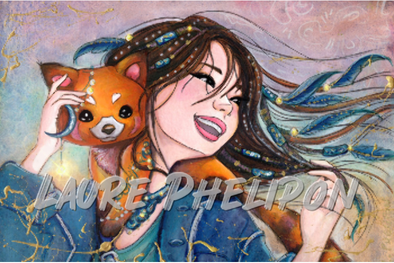 Panda Aquarelle Femme Plume Collier Mystique Jeune femme Renard orange Sourire par Laure Phelipon