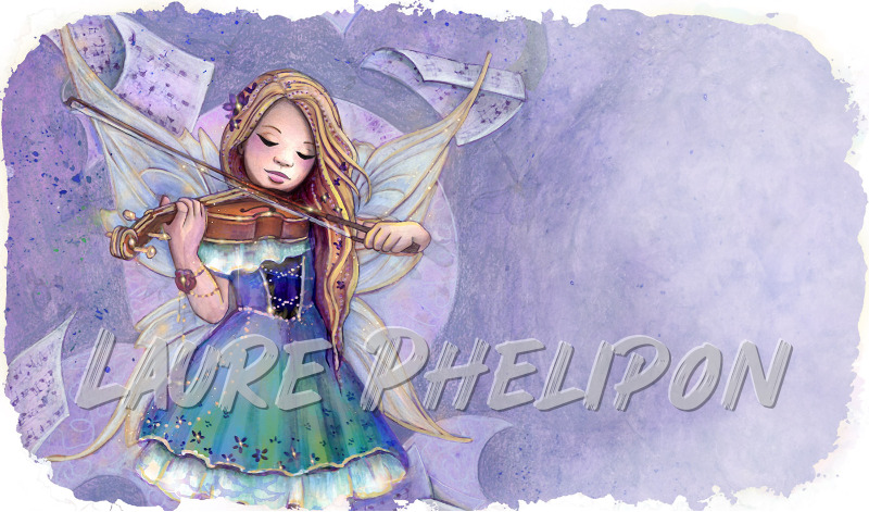 Aquarelle Musique Peinture Dessin Violon Aile Jeune fille Fantaisie Fée Robe_bleue Mélodie par Laure Phelipon