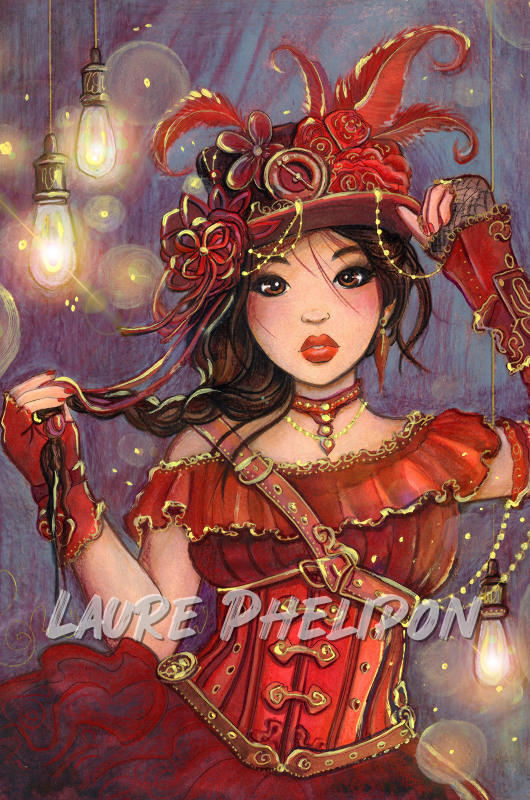 Steampunk Aquarelle Chapeau Lumière Peinture Rouge Bijou Costume élégant Fantaisie Dame Sophistiqué Artistique Moulin rouge par Laure Phelipon