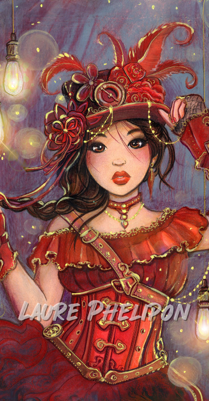 Steampunk Aquarelle Chapeau Lumière Peinture Rouge Bijou Costume élégant Fantaisie Dame Sophistiqué Artistique Moulin rouge par Laure Phelipon