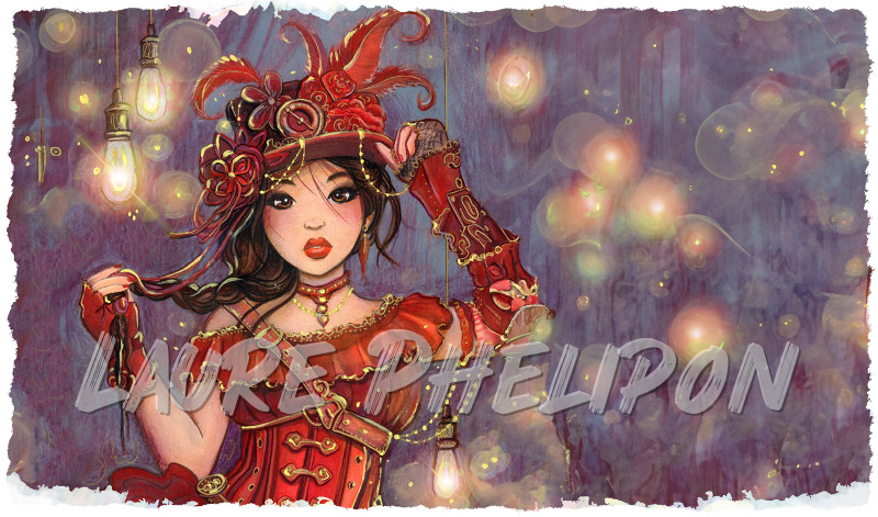 Steampunk Aquarelle Chapeau Lumière Peinture Rouge Bijou Costume élégant Fantaisie Dame Sophistiqué Artistique Moulin rouge par Laure Phelipon