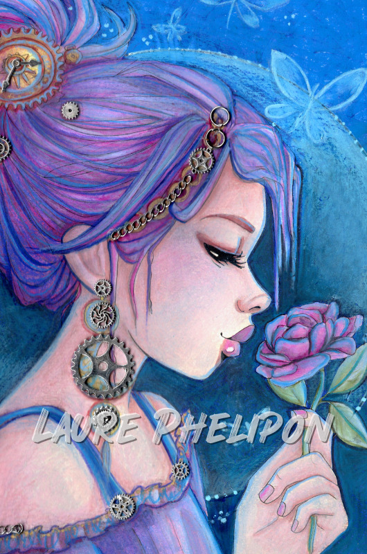 Watercolor Women Rose Blue Hair Bijou Punk Fantasy Violette Mechanical Soft Artistic par Laure Phelipon