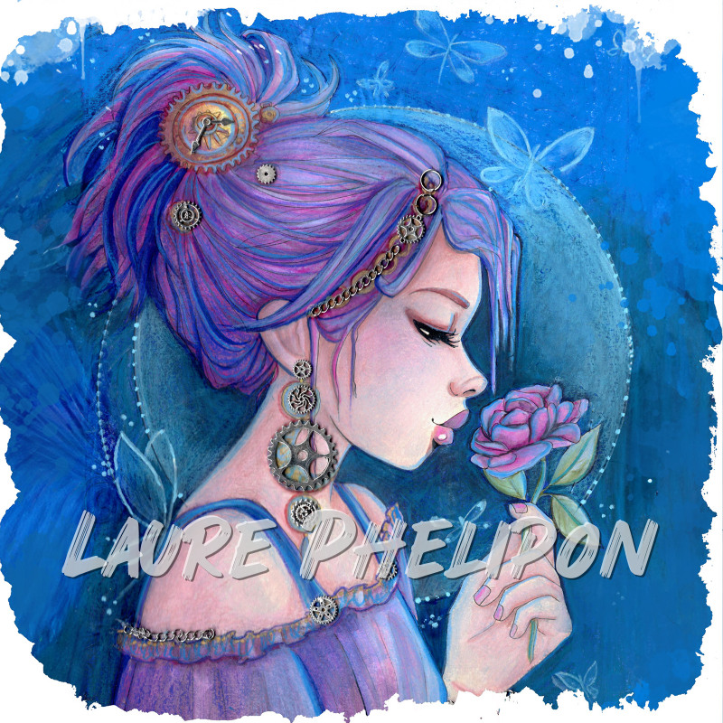 Watercolor Women Rose Blue Hair Bijou Punk Fantasy Violette Mechanical Soft Artistic par Laure Phelipon