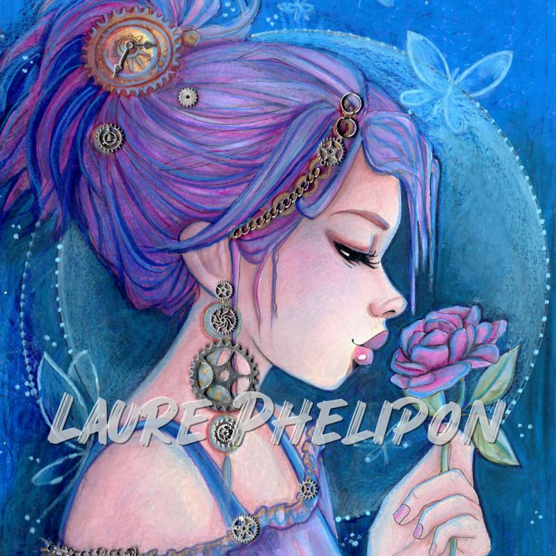 Watercolor Women Rose Blue Hair Bijou Punk Fantasy Violette Mechanical Soft Artistic par Laure Phelipon