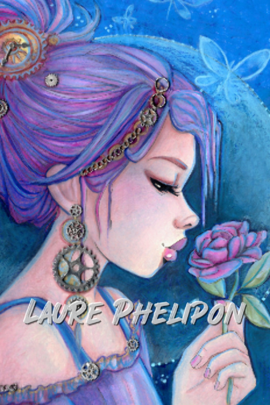 Watercolor Women Rose Blue Hair Bijou Punk Fantasy Violette Mechanical Soft Artistic par Laure Phelipon