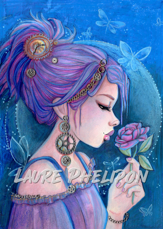Watercolor Women Rose Blue Hair Bijou Punk Fantasy Violette Mechanical Soft Artistic par Laure Phelipon