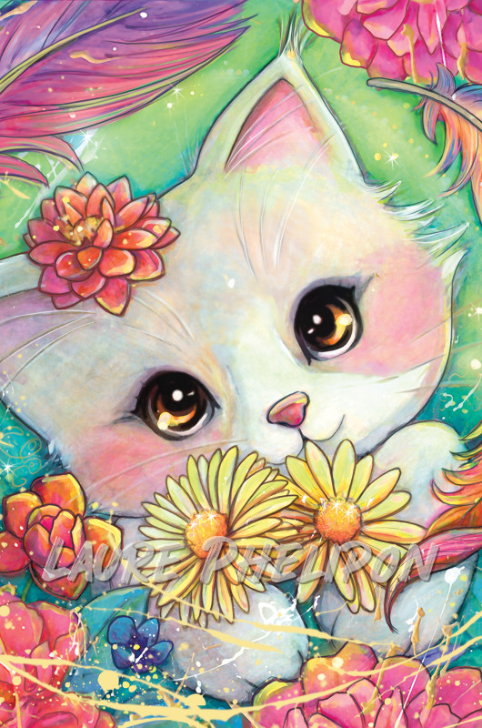 Chat Fleur Aquarelle Nature Numérique Chaton Fantaisie Artistique Coloré par Laure Phelipon