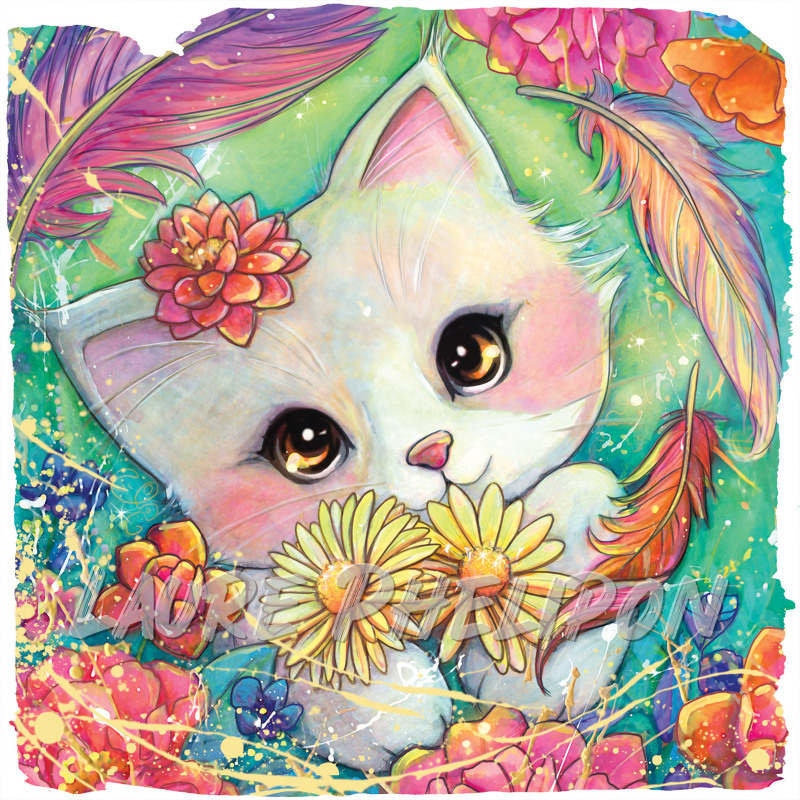 Chat Fleur Aquarelle Nature Numérique Chaton Fantaisie Artistique Coloré par Laure Phelipon