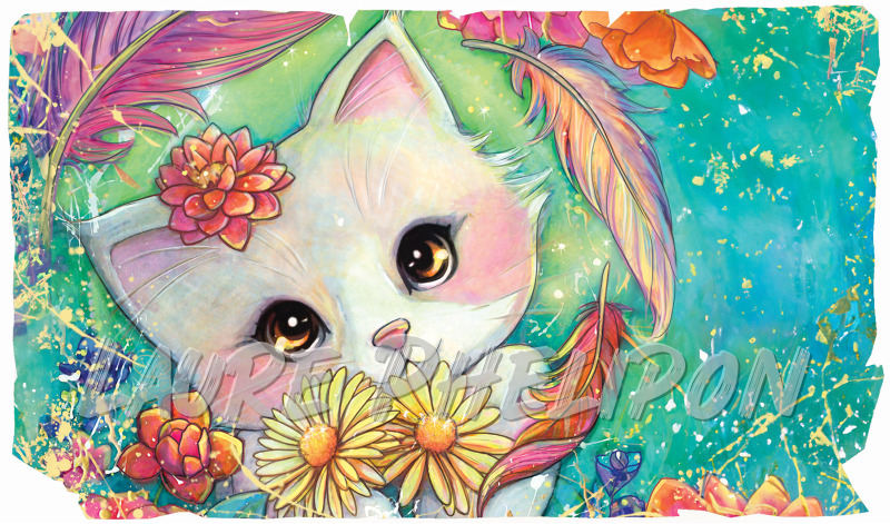 Chat Fleur Aquarelle Nature Numérique Chaton Fantaisie Artistique Coloré par Laure Phelipon
