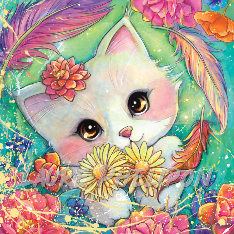 Chat Fleur Aquarelle Nature Numérique Chaton Fantaisie Artistique Coloré par Laure Phelipon