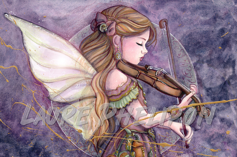 Steampunk Aquarelle Musique Robe Peinture Blonde Violon Aile Fantasy Fée Détail Art Fantaisiste Élégante par Laure Phelipon
