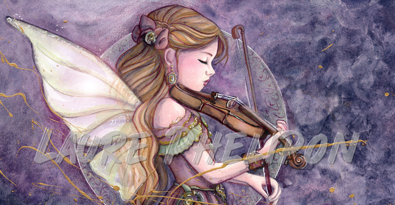 Steampunk Aquarelle Musique Robe Peinture Blonde Violon Aile Fantasy Fée Détail Art Fantaisiste Élégante par Laure Phelipon