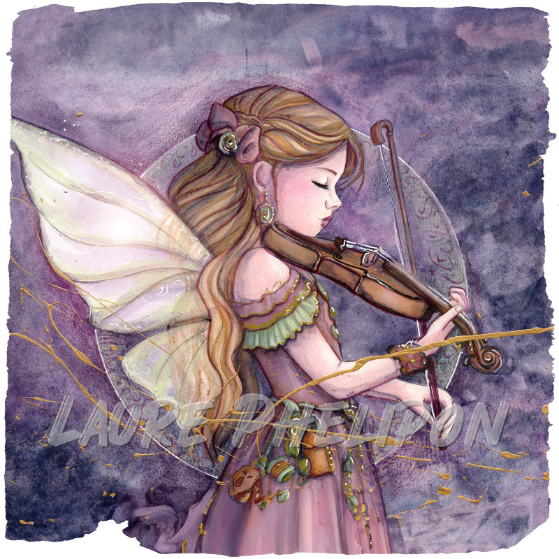 Steampunk Aquarelle Musique Robe Peinture Blonde Violon Aile Fantasy Fée Détail Art Fantaisiste Élégante par Laure Phelipon