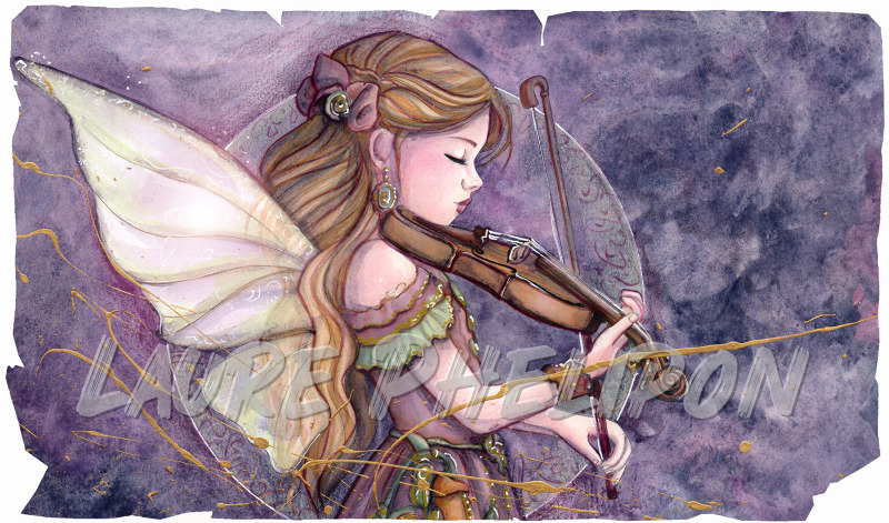 Steampunk Aquarelle Musique Robe Peinture Blonde Violon Aile Fantasy Fée Détail Art Fantaisiste Élégante par Laure Phelipon