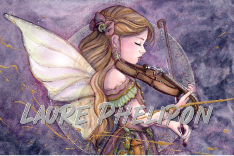 Steampunk Aquarelle Musique Robe Peinture Blonde Violon Aile Fantasy Fée Détail Art Fantaisiste Élégante par Laure Phelipon