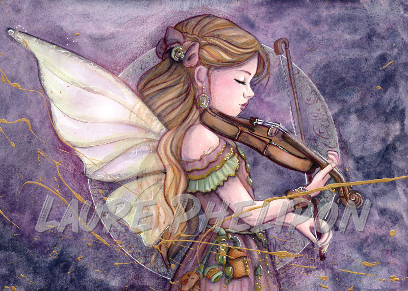 Steampunk Aquarelle Musique Robe Peinture Blonde Violon Aile Fantasy Fée Détail Art Fantaisiste Élégante par Laure Phelipon