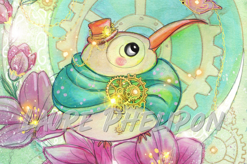 Fleur Steampunk Oiseau Aquarelle Chapeau Engrenage Fantaisie Artistique Détail Mécanisme Couleurs par Laure Phelipon