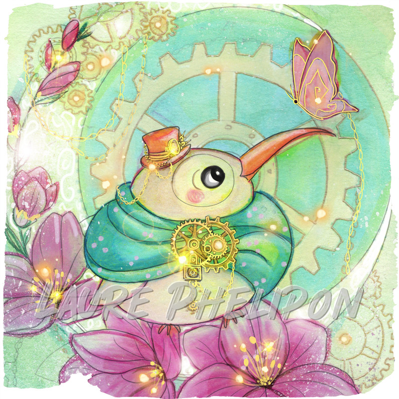Fleur Steampunk Oiseau Aquarelle Chapeau Engrenage Fantaisie Artistique Détail Mécanisme Couleurs par Laure Phelipon