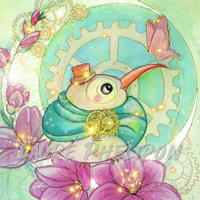 Fleur Steampunk Oiseau Aquarelle Chapeau Engrenage Fantaisie Artistique Détail Mécanisme Couleurs par Laure Phelipon