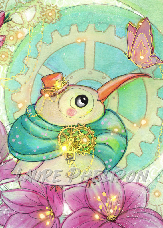 Fleur Steampunk Oiseau Aquarelle Chapeau Engrenage Fantaisie Artistique Détail Mécanisme Couleurs par Laure Phelipon