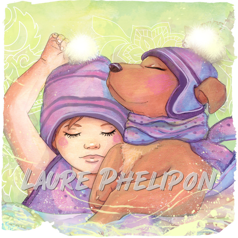 Aquarelle Chien Numérique Vert Sommeil Câlin Dormir Enfant Bonnet Pompon Floral Douillet par Laure Phelipon