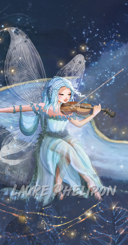 Musique Nuit Numérique Violon Fantaisie Fantastique Fée Cheveux_bleus Ciel_étoilé étoiles Dessin_digital par Laure Phelipon