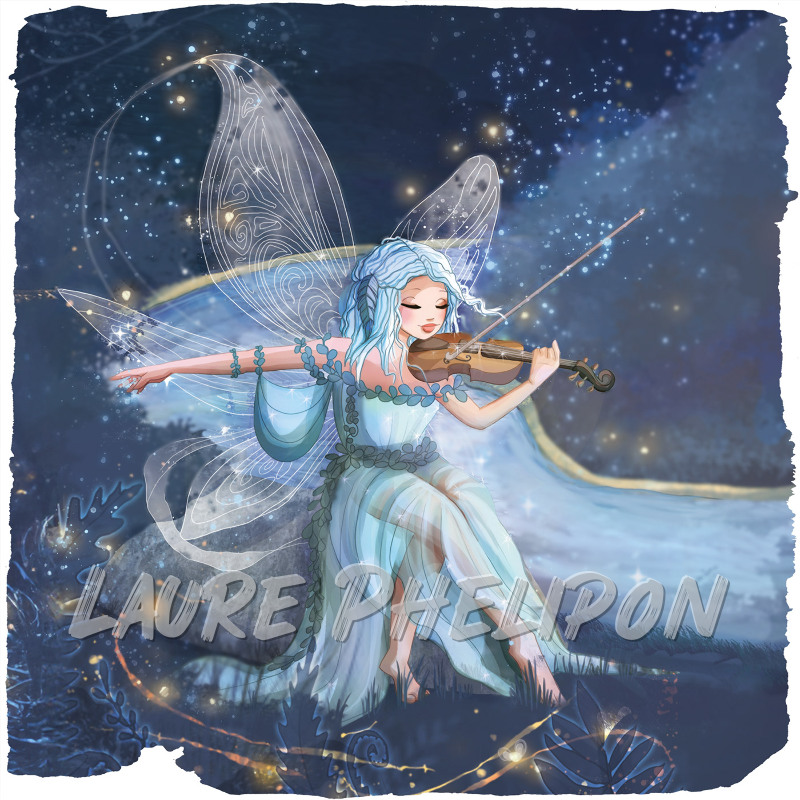 Musique Nuit Numérique Violon Fantaisie Fantastique Fée Cheveux_bleus Ciel_étoilé étoiles Dessin_digital par Laure Phelipon