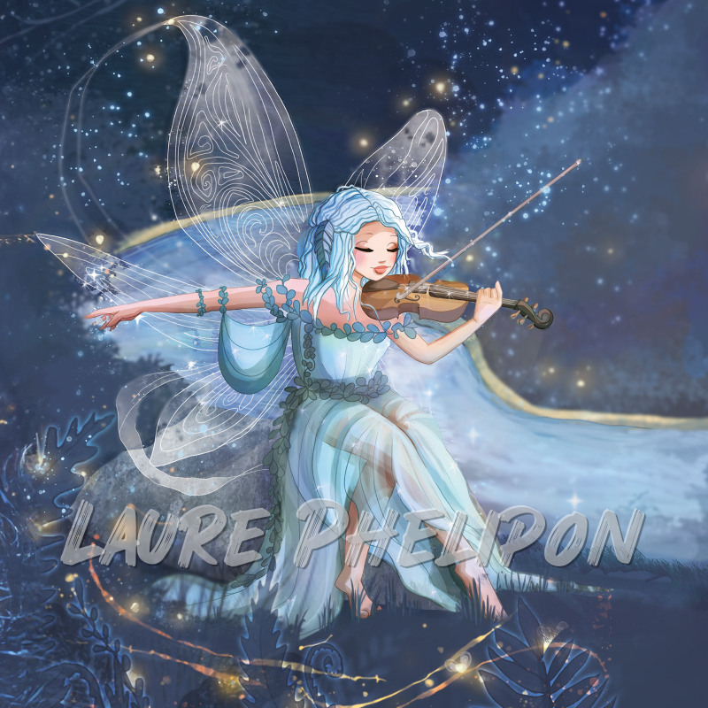 Musique Nuit Numérique Violon Fantaisie Fantastique Fée Cheveux_bleus Ciel_étoilé étoiles Dessin_digital par Laure Phelipon