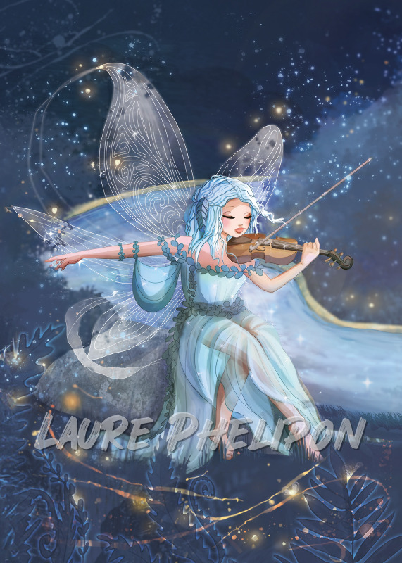 Musique Nuit Numérique Violon Fantaisie Fantastique Fée Cheveux_bleus Ciel_étoilé étoiles Dessin_digital par Laure Phelipon