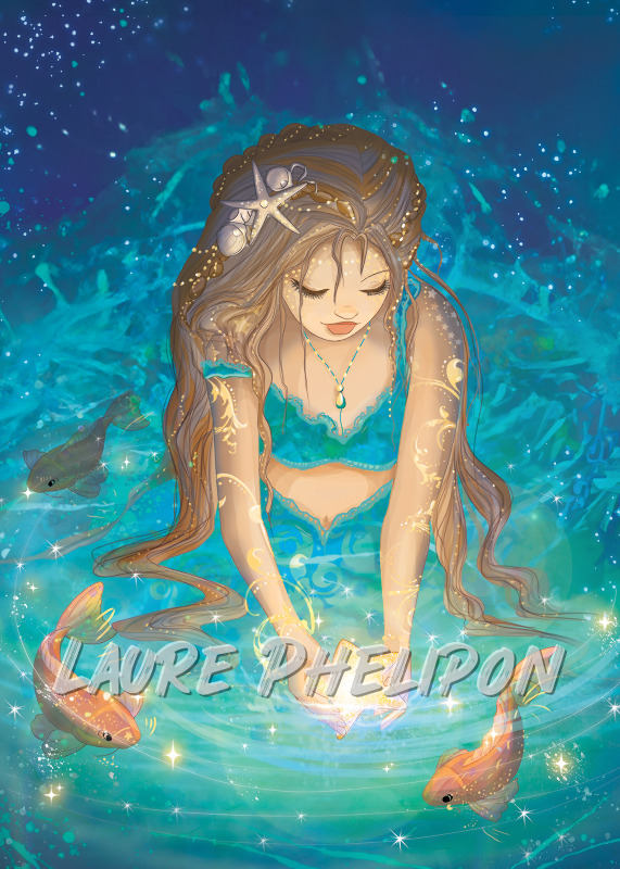 Sirène Poisson Mer Numérique Bleu Cheveux Serein étoiles Eau Longs Tenue par Laure Phelipon