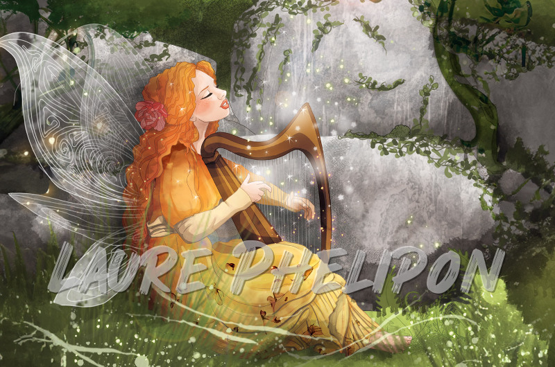 Musique Forêt Nature Lumière Numérique Rouge Cheveux Magique Fée Enchanté Jouer Harpe Verdure par Laure Phelipon