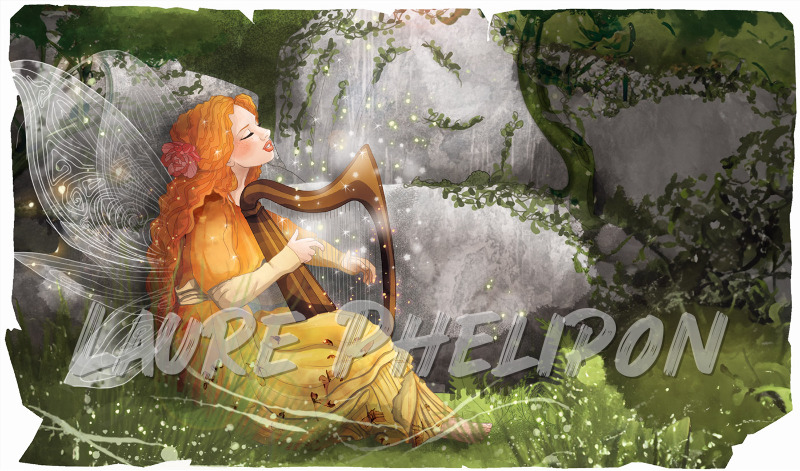 Musique Forêt Nature Lumière Numérique Rouge Cheveux Magique Fée Enchanté Jouer Harpe Verdure par Laure Phelipon