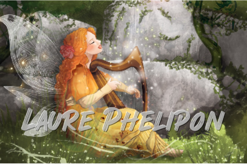 Musique Forêt Nature Lumière Numérique Rouge Cheveux Magique Fée Enchanté Jouer Harpe Verdure par Laure Phelipon