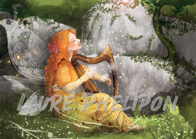 Musique Forêt Nature Lumière Numérique Rouge Cheveux Magique Fée Enchanté Jouer Harpe Verdure par Laure Phelipon