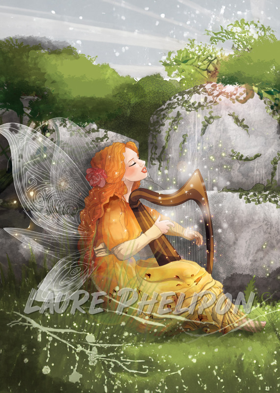 Musique Forêt Nature Lumière Numérique Rouge Cheveux Magique Fée Enchanté Jouer Harpe Verdure par Laure Phelipon
