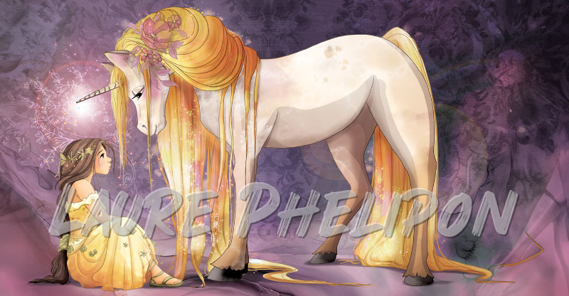 Fleur Licorne Numérique Dessin Mystique Jeune fille Fantaisie Cheveux orange Robe jaune par Laure Phelipon